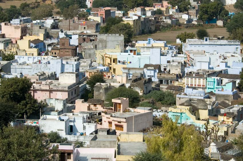 The traditional houses, temples, and narrow lanes of the hilltop village of Delwara